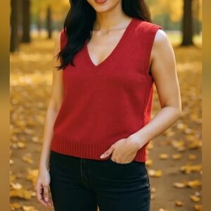 Zara Women's Red Sweater Vest Size Small Sleeveless V-Neck Ribbed Top Viscose